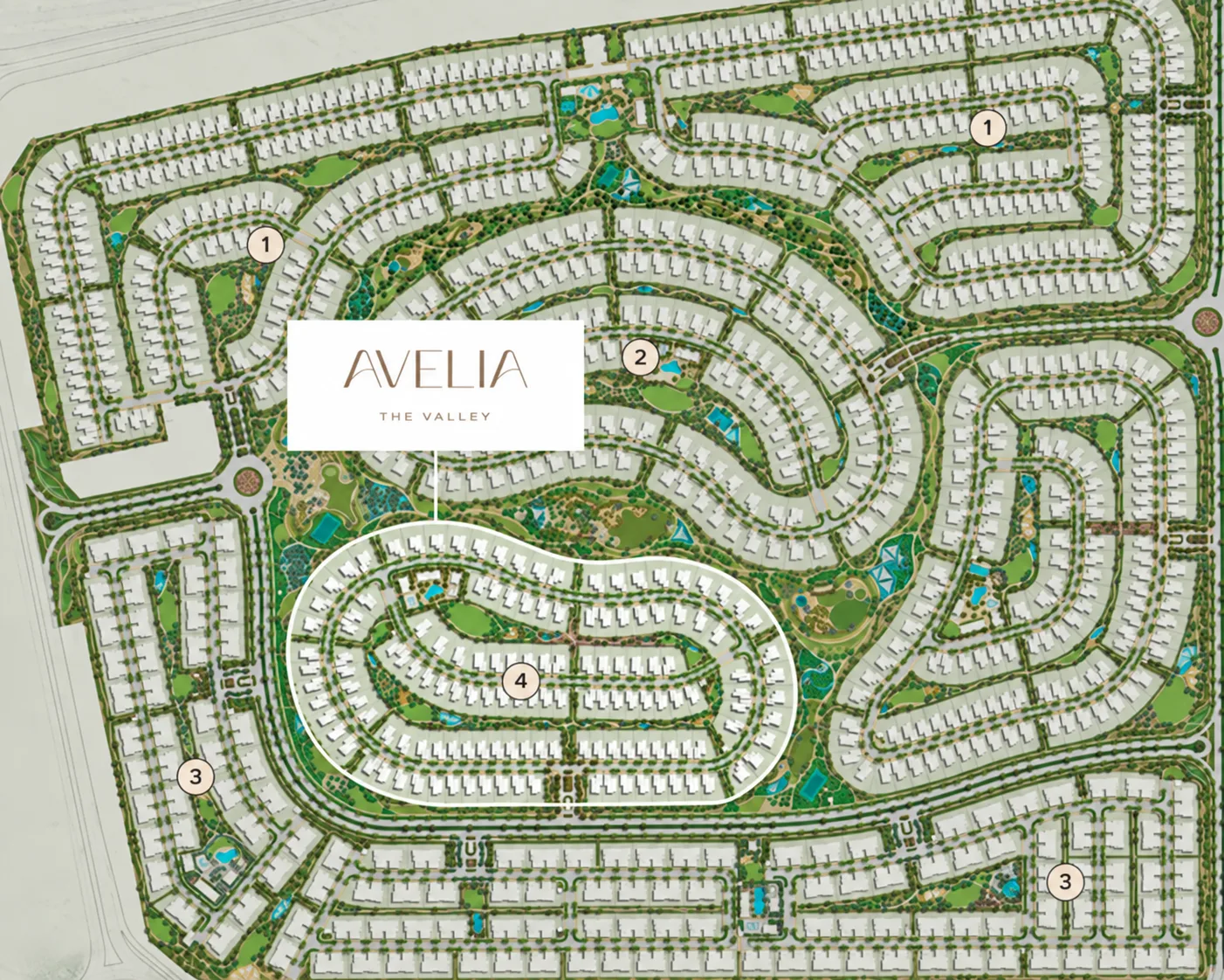 Lunaya masterplan showing lagoons, parks, villas and Lunaya Terraces